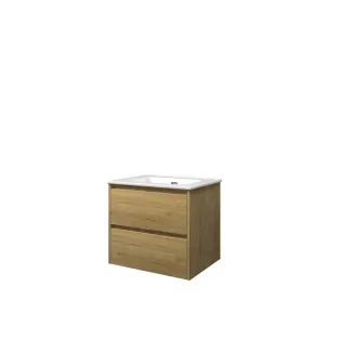 Proline Bathroom furniture - Elegant porcelain washbasin - Ideal oak/Gloss white - 60x46x54 cm - Single washbasin without tap hole - 2 symmetrical drawers