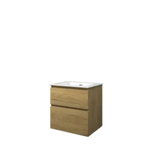 Proline Bathroom furniture - Elegant porcelain washbasin - Ideal oak/Gloss white - 60x46x62 cm - Single washbasin with 1 tap hole - 2 asymmetrical drawers