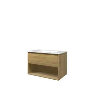 Proline Bathroom furniture - Elegant porcelain washbasin - Ideal oak/Gloss white - 80x46x54 cm - Single washbasin with 1 tap hole - 1 drawer and 1 open shelf