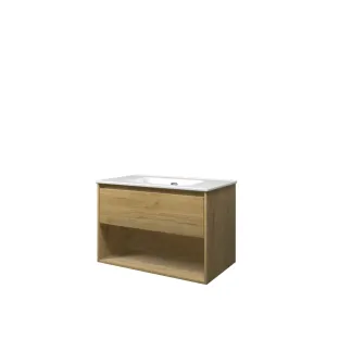 Proline Bathroom furniture - Elegant porcelain washbasin - Ideal oak/Gloss white - 80x46x54 cm - Single washbasin without tap hole - 1 drawer and 1 open shelf