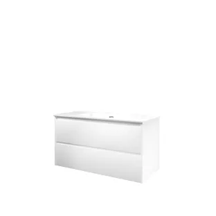 Proline Bathroom furniture - Elegant porcelain washbasin - Matt white/Gloss white - 100x46x54 cm - Single washbasin without tap hole - 2 symmetrical drawers