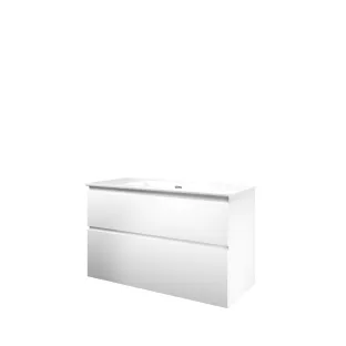 Proline Bathroom furniture - Elegant porcelain washbasin - Matt white/Gloss white - 100x46x62 cm - Single washbasin with 1 tap hole - 2 asymmetrical drawers