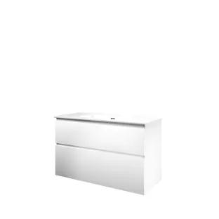 Proline Bathroom furniture - Elegant porcelain washbasin - Matt white/Gloss white - 100x46x62 cm - Single washbasin without tap hole - 2 asymmetrical drawers