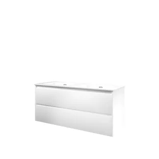 Proline Bathroom furniture - Elegant porcelain washbasin - Matt white/Gloss white - 120x46x54 cm - Double washbasin with 2 tap holes - 2 symmetrical drawers