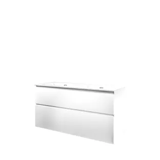 Proline Bathroom furniture - Elegant porcelain washbasin - Matt white/Gloss white - 120x46x62 cm - Double washbasin with 2 tap holes - 2 asymmetrical drawers