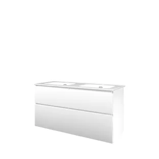 Proline Bathroom furniture - Elegant porcelain washbasin - Matt white/Gloss white - 120x46x62 cm - Double washbasin with 2 tap holes - 4 asymmetrical drawers