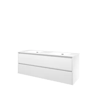 Proline Bathroom furniture - Elegant porcelain washbasin - Matt white/Gloss white - 140x46x54 cm - Double washbasin without tap hole - 2 symmetrical drawers