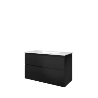 Proline Bathroom furniture - Elegant porcelain washbasin - Matt black/Gloss white - 100x46x62 cm - Single washbasin with 1 tap hole - 2 asymmetrical drawers