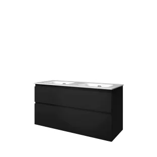 Proline Bathroom furniture - Elegant porcelain washbasin - Matt black/Gloss white - 120x46x62 cm - Double washbasin with 2 tap holes - 2 asymmetrical drawers