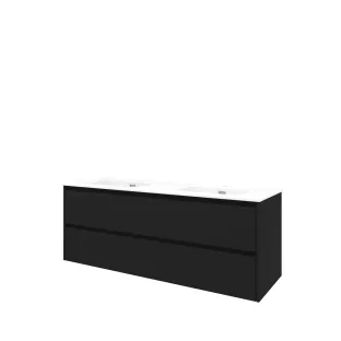 Proline Bathroom furniture - Elegant porcelain washbasin - Matt black/Gloss white - 140x46x54 cm - Double washbasin with 2 tap holes - 2 symmetrical drawers