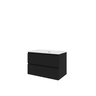 Proline Bathroom furniture - Elegant porcelain washbasin - Matt black/Gloss white - 80x46x54 cm - Single washbasin without tap hole - 2 drawers milled vertically