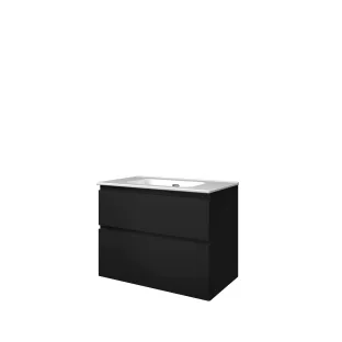 Proline Bathroom furniture - Elegant porcelain washbasin - Matt black/Gloss white - 80x46x62 cm - Single washbasin without tap hole - 2 asymmetrical drawers