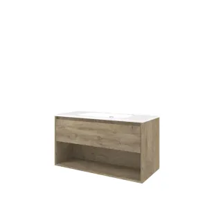 Proline Bathroom furniture - Elegant porcelain washbasin - Raw oak/Gloss white - 100x46x54 cm - Single washbasin with 1 tap hole - 1 drawer and 1 open shelf