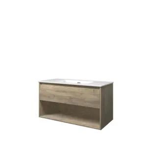 Proline Bathroom furniture - Elegant porcelain washbasin - Raw oak/Gloss white - 100x46x54 cm - Single washbasin without tap hole - 1 drawer and 1 open shelf