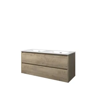 Proline Bathroom furniture - Elegant porcelain washbasin - Raw oak/Gloss white - 120x46x54 cm - Double washbasin with 2 tap holes - 2 symmetrical drawers