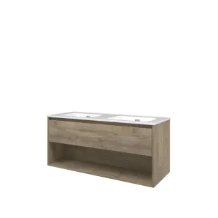 Proline Bathroom furniture - Elegant porcelain washbasin - Raw oak/Gloss white - 120x46x54 cm - Double washbasin without tap hole - 1 drawer and 1 open shelf