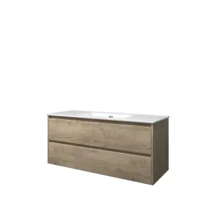 Proline Bathroom furniture - Elegant porcelain washbasin - Raw oak/Gloss white - 120x46x54 cm - Single washbasin with 1 tap hole - 2 symmetrical drawers