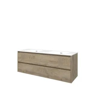 Proline Bathroom furniture - Elegant porcelain washbasin - Raw oak/Gloss white - 140x46x54 cm - Double washbasin with 2 tap holes - 2 symmetrical drawers