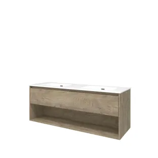 Proline Bathroom furniture - Elegant porcelain washbasin - Raw oak/Gloss white - 140x46x54 cm - Double washbasin without tap hole - 1 drawer and 1 open shelf