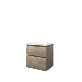 Proline Bathroom furniture - Elegant porcelain washbasin - Raw oak/Gloss white - 60x46x62 cm - Single washbasin with 1 tap hole - 2 asymmetrical drawers