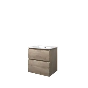 Proline Bathroom furniture - Elegant porcelain washbasin - Raw oak/Gloss white - 60x46x62 cm - Single washbasin without tap hole - 2 asymmetrical drawers