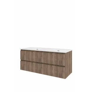 Proline Bathroom furniture - Elegant porcelain washbasin - Terra oak/Gloss white - 120x46x54 cm - Double washbasin with 2 tap holes - 2 drawers milled vertically