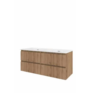 Proline Bathroom furniture - Elegant porcelain washbasin - Urban oak/Gloss white - 120x46x54 cm - Double washbasin without tap hole - 4 drawers milled vertically