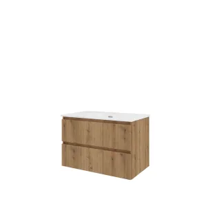 Proline Bathroom furniture - Elegant porcelain washbasin - Urban oak/Gloss white - 80x46x54 cm - Single washbasin with 1 tap hole - 2 drawers milled vertically