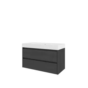 Proline Bathroom furniture - Washbasin loft polystone - Black oak/Gloss white - 100x46x62 cm - Single washbasin without tap hole - 2 symmetrical drawers