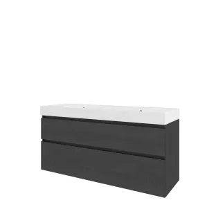 Proline Bathroom furniture - Washbasin loft polystone - Black oak/Gloss white - 140x46x70 cm - Double washbasin with 2 tap holes - 2 asymmetrical drawers