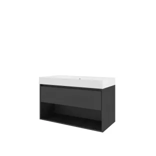 Proline Bathroom furniture - Washbasin loft polystone - Black oak/Matt white - 100x46x62 cm - Single washbasin with 1 tap hole - 1 drawer and 1 open shelf