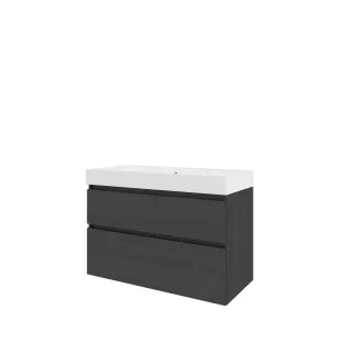 Proline Bathroom furniture - Washbasin loft polystone - Black oak/Matt white - 100x46x70 cm - Single washbasin without tap hole - 2 asymmetrical drawers