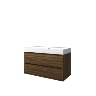 Proline Bathroom furniture - Washbasin loft polystone - Cabana oak/Gloss white - 100x46x62 cm - Single washbasin without tap hole - 2 symmetrical drawers