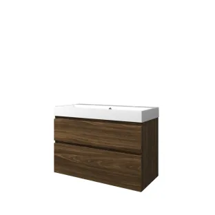 Proline Bathroom furniture - Washbasin loft polystone - Cabana oak/Gloss white - 100x46x70 cm - Single washbasin with 2 tap holes - 2 asymmetrical drawers