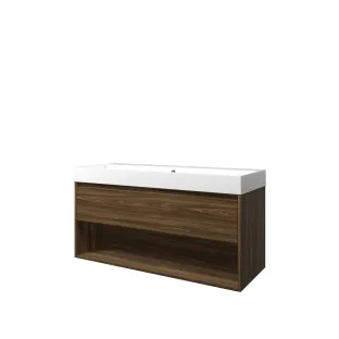 Proline Bathroom furniture - Washbasin loft polystone - Cabana oak/Gloss white - 120x46x62 cm - Double washbasin with 1 tap hole - 1 drawer and 1 open shelf