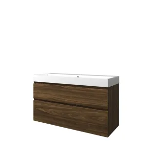 Proline Bathroom furniture - Washbasin loft polystone - Cabana oak/Gloss white - 120x46x70 cm - Double washbasin with 1 tap hole - 2 asymmetrical drawers