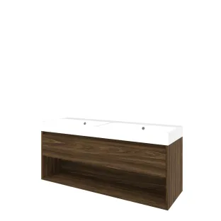 Proline Bathroom furniture - Washbasin loft polystone - Cabana oak/Gloss white - 140x46x62 cm - Double washbasin with 2 tap holes - 1 drawer and 1 open shelf