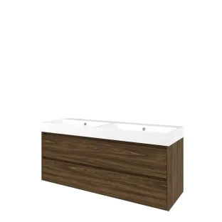 Proline Bathroom furniture - Washbasin loft polystone - Cabana oak/Gloss white - 140x46x62 cm - Double washbasin with 2 tap holes - 2 symmetrical drawers