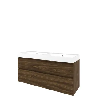 Proline Bathroom furniture - Washbasin loft polystone - Cabana oak/Gloss white - 140x46x70 cm - Double washbasin with 2 tap holes - 2 asymmetrical drawers