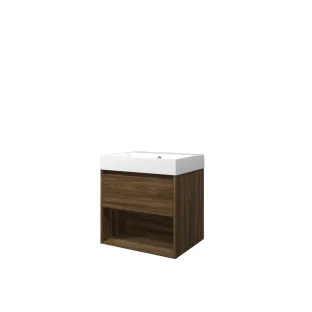 Proline Bathroom furniture - Washbasin loft polystone - Cabana oak/Gloss white - 60x46x62 cm - Single washbasin without tap hole - 1 drawer and 1 open shelf