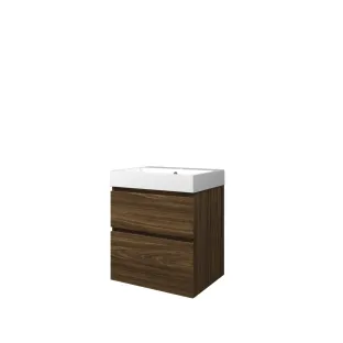 Proline Bathroom furniture - Washbasin loft polystone - Cabana oak/Gloss white - 60x46x70 cm - Single washbasin with 1 tap hole - 2 asymmetrical drawers