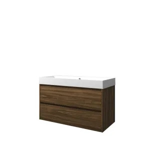 Proline Bathroom furniture - Washbasin loft polystone - Cabana oak/Matt white - 100x46x62 cm - Single washbasin with 1 tap hole - 2 symmetrical drawers