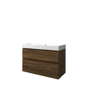 Proline Bathroom furniture - Washbasin loft polystone - Cabana oak/Matt white - 100x46x70 cm - Single washbasin with 2 tap holes - 2 asymmetrical drawers