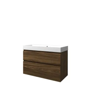 Proline Bathroom furniture - Washbasin loft polystone - Cabana oak/Matt white - 100x46x70 cm - Single washbasin without tap hole - 2 asymmetrical drawers