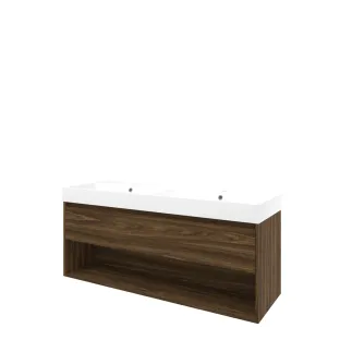 Proline Bathroom furniture - Washbasin loft polystone - Cabana oak/Matt white - 140x46x62 cm - Double washbasin with 2 tap holes - 1 drawer and 1 open shelf