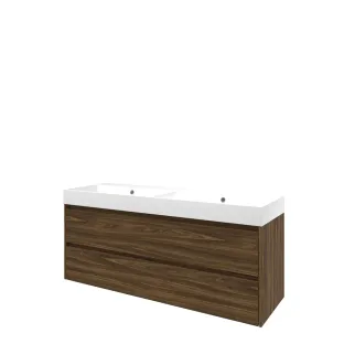 Proline Bathroom furniture - Washbasin loft polystone - Cabana oak/Matt white - 140x46x62 cm - Double washbasin without tap hole - 2 symmetrical drawers