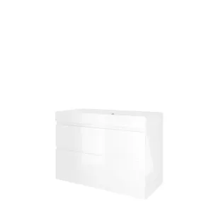 Proline Bathroom furniture - Washbasin loft polystone - Gloss white/Gloss white - 100x46x70 cm - Single washbasin with 1 tap hole - 2 asymmetrical drawers