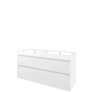 Proline Bathroom furniture - Washbasin loft polystone - Gloss white/Gloss white - 140x46x70 cm - Double washbasin with 2 tap holes - 2 asymmetrical drawers