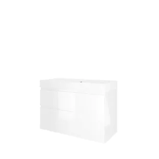 Proline Bathroom furniture - Washbasin loft polystone - Glossy white/Matt white - 100x46x70 cm - Single washbasin without tap hole - 2 asymmetrical drawers