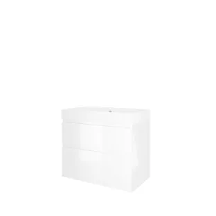 Proline Bathroom furniture - Washbasin loft polystone - Glossy white/Matt white - 80x46x70 cm - Single washbasin without tap hole - 2 asymmetrical drawers